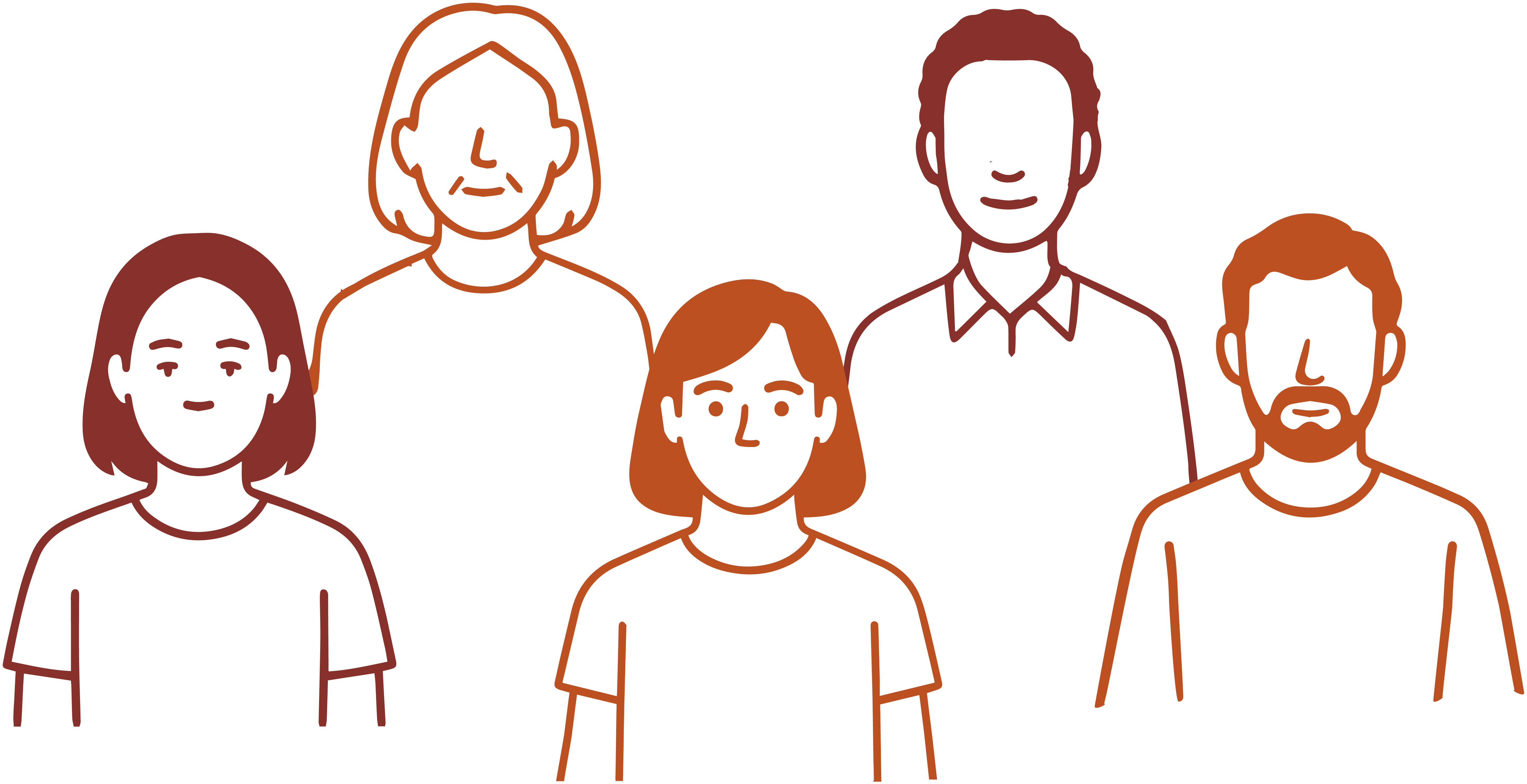 Eine Gruppe mit fünf Menschen. Drei Menschen sind nebeneinander, dahinter sind zwei weitere Menschen illustriert. Die Personen sind skizzenhaft von Kopf bis zum Oberkörper gezeichnet und unterscheiden sich im Hinblick auf Haare, Gesichter und Kleidung.